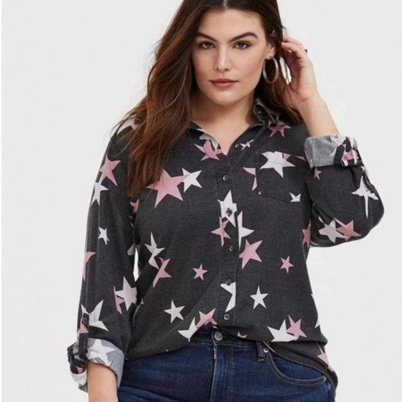Torrid Gray and Pink Star Oversized Button Down Shirt - Picture 2 of 12